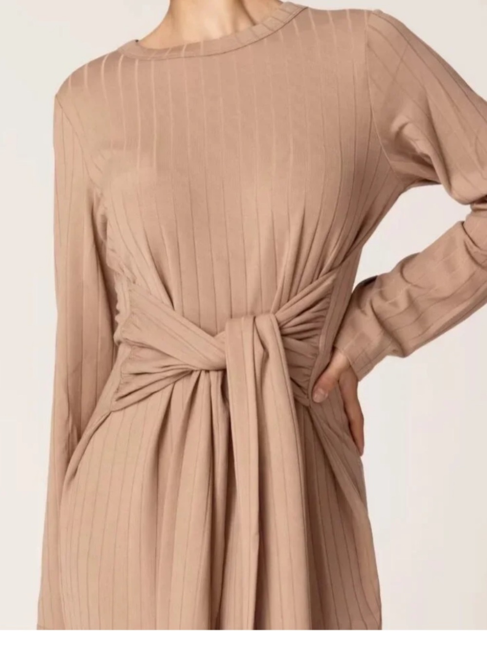 Veiled Collection Annabelle Pleated Knot-Waist Long Sleeve Maxi Dress - Brown